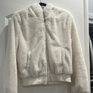 Fuzzy bomber jacket with hood